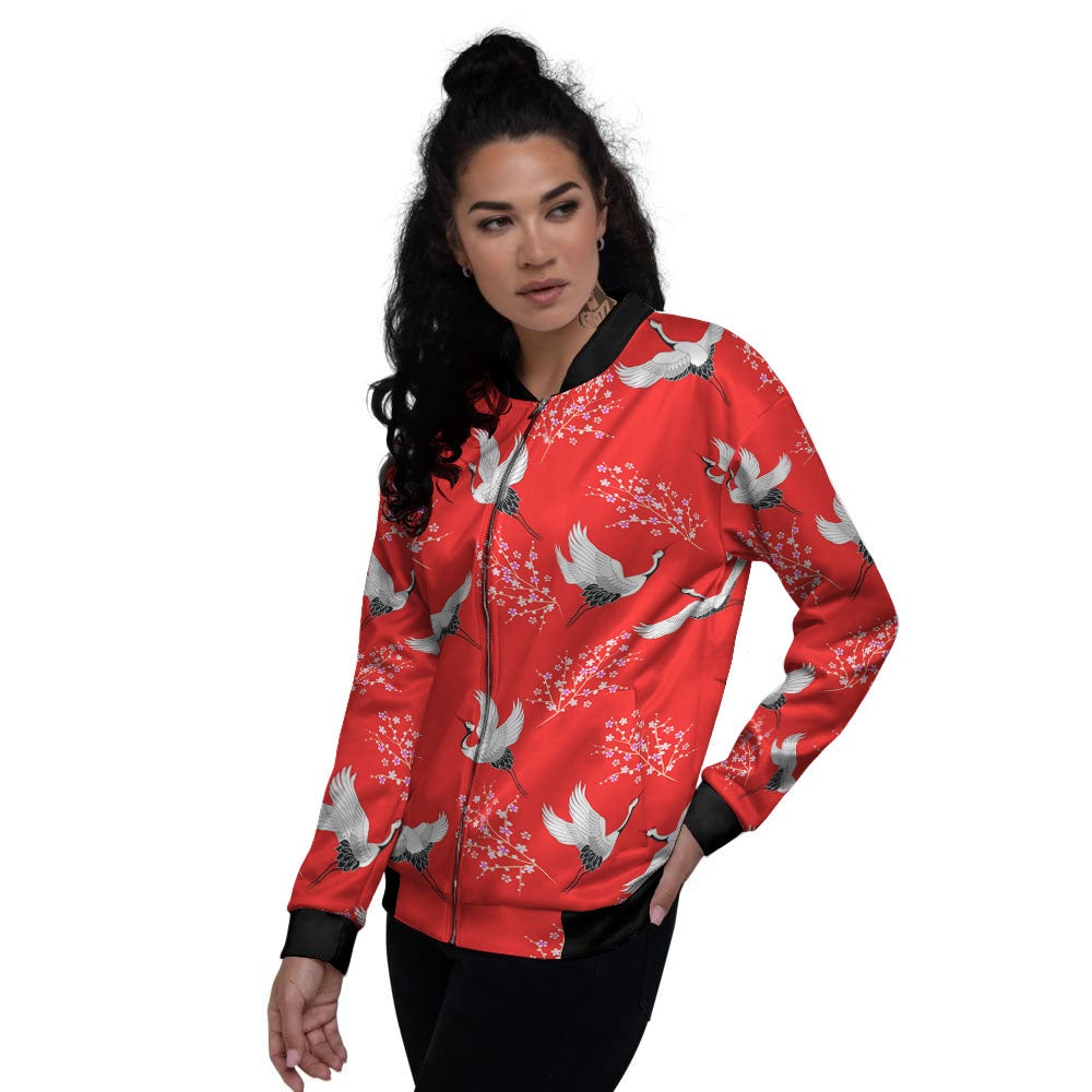 Crane Bird Japanese Print Pattern Women's Bomber Jacket-grizzshop