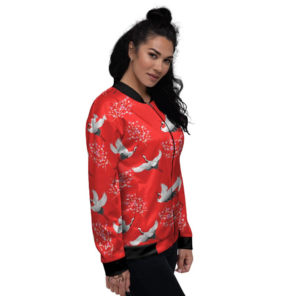 Crane Bird Japanese Print Pattern Women's Bomber Jacket-grizzshop