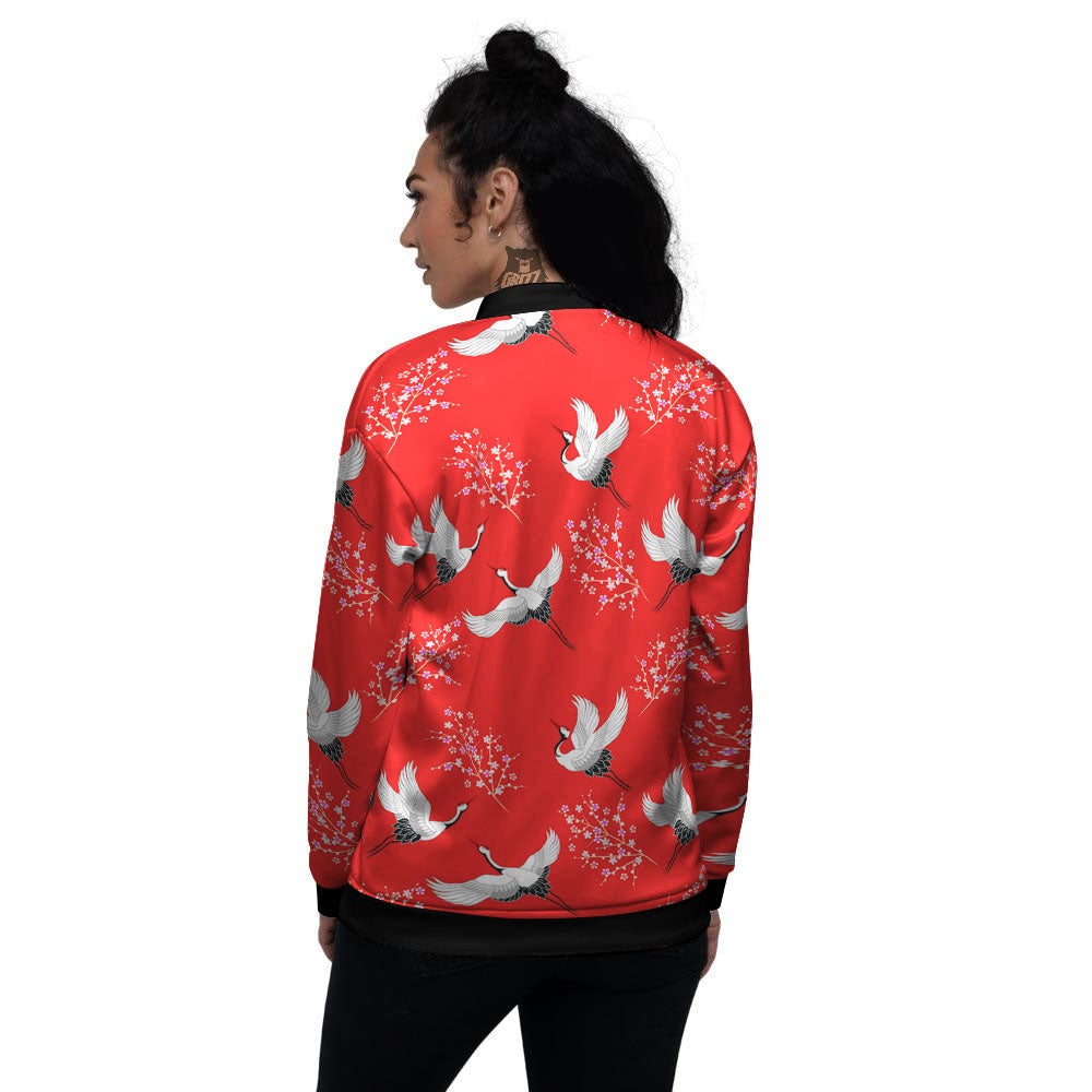 Crane Bird Japanese Print Pattern Women's Bomber Jacket-grizzshop