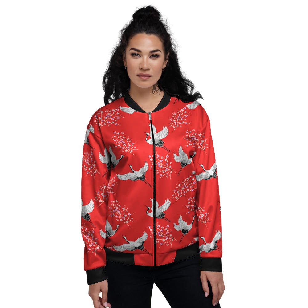 Crane Bird Japanese Print Pattern Women's Bomber Jacket-grizzshop