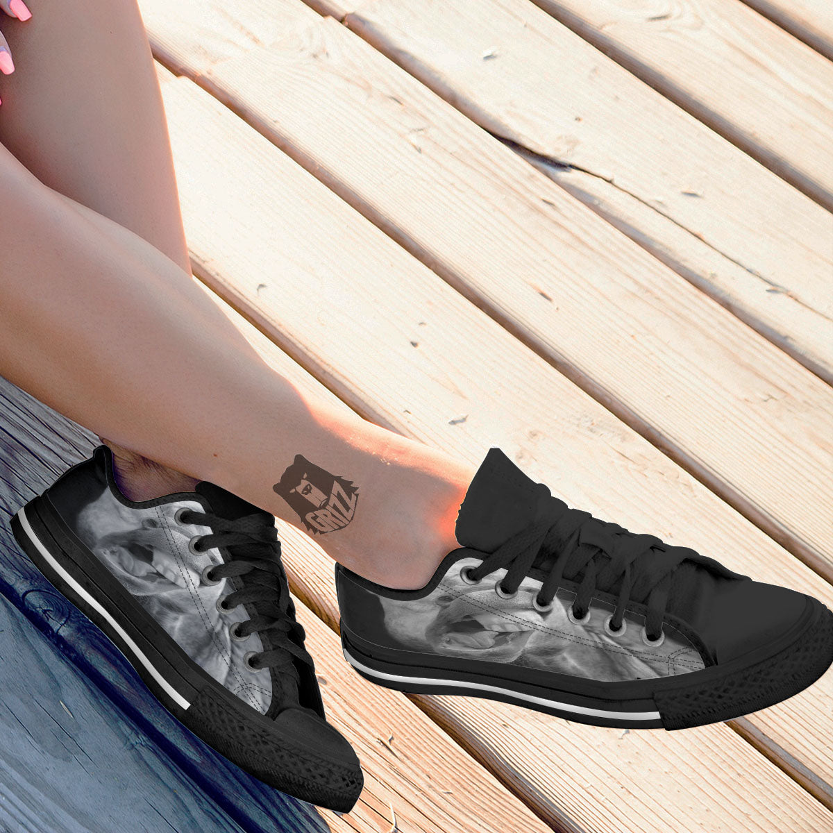 Crazy Donkey White And Black Print Black Low Top Shoes-grizzshop