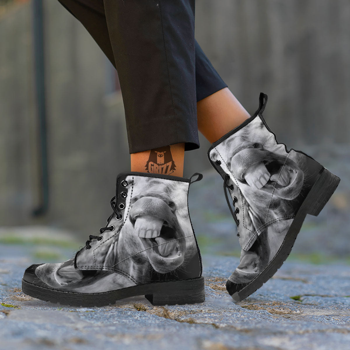 Crazy Donkey White And Black Print Leather Boots-grizzshop