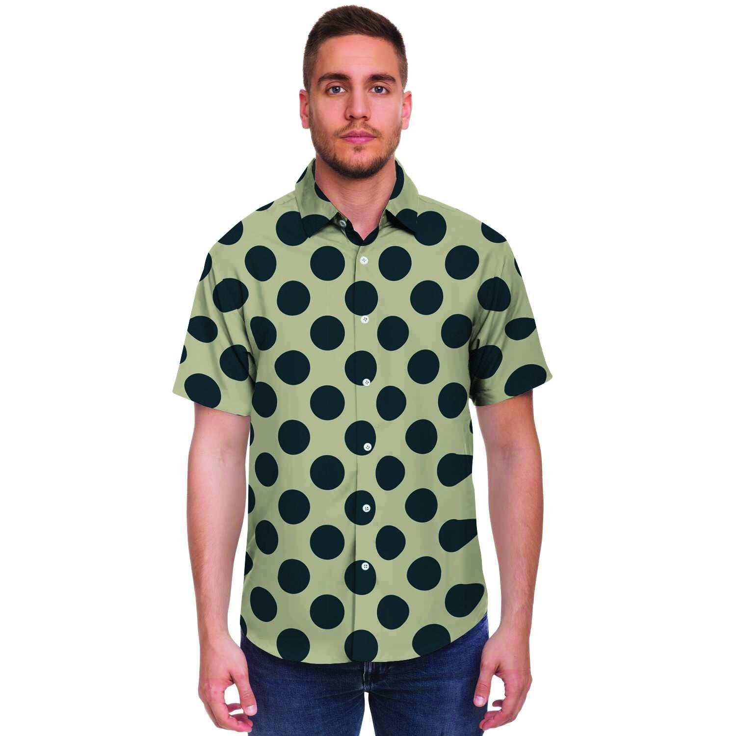 Cream And Black Polka Dot Men's Short Sleeve Shirt-grizzshop