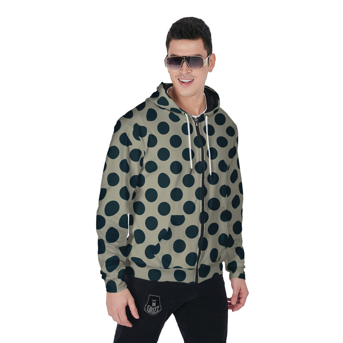 Cream And Black Polka Dot Men's Zip Up Hoodie-grizzshop