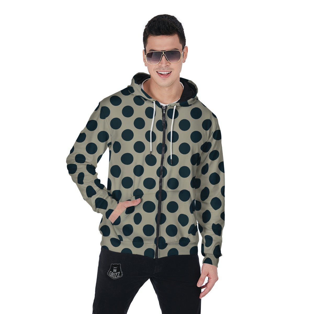 Cream And Black Polka Dot Men's Zip Up Hoodie-grizzshop