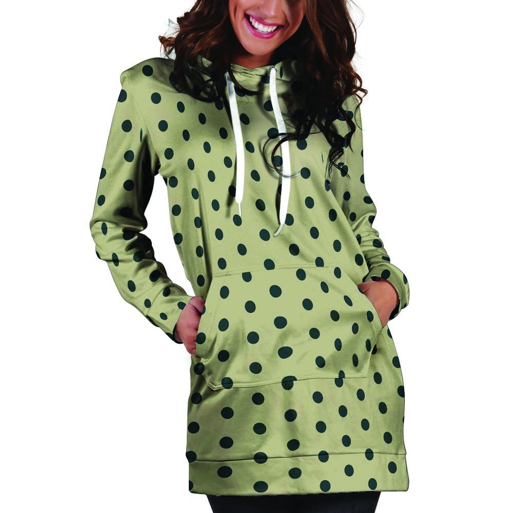 Cream And Black Polka Dot Print Hoodie Dress-grizzshop