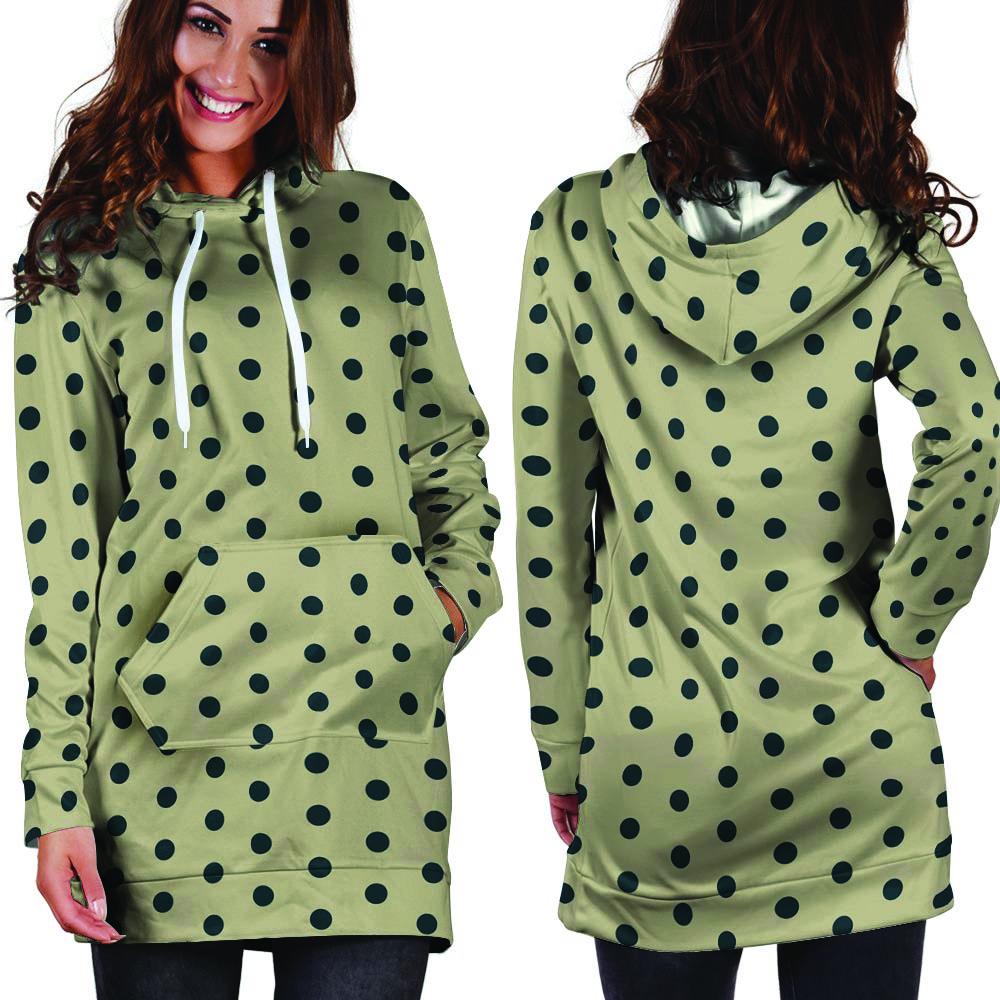 Cream And Black Polka Dot Print Hoodie Dress-grizzshop