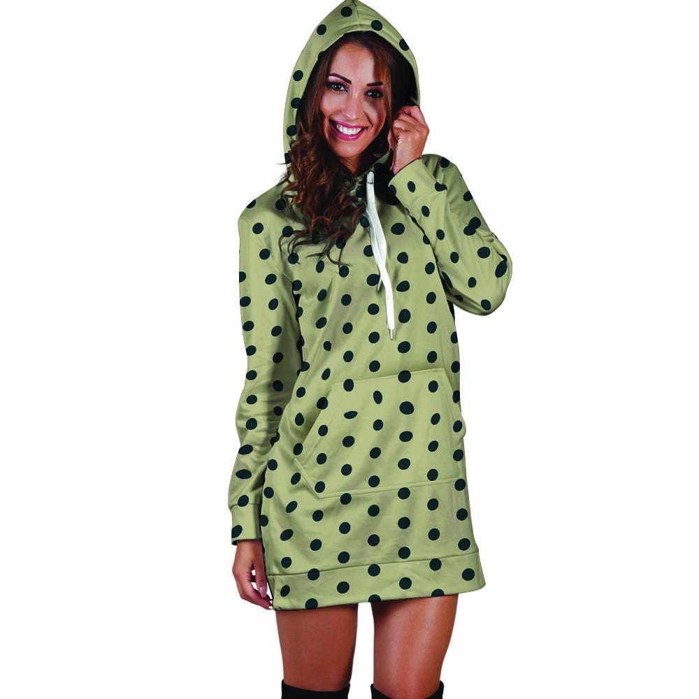 Cream And Black Polka Dot Print Hoodie Dress-grizzshop