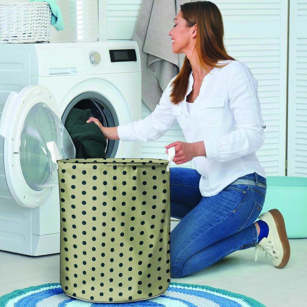 Cream And Black Polka Dot Print Laundry Basket-grizzshop