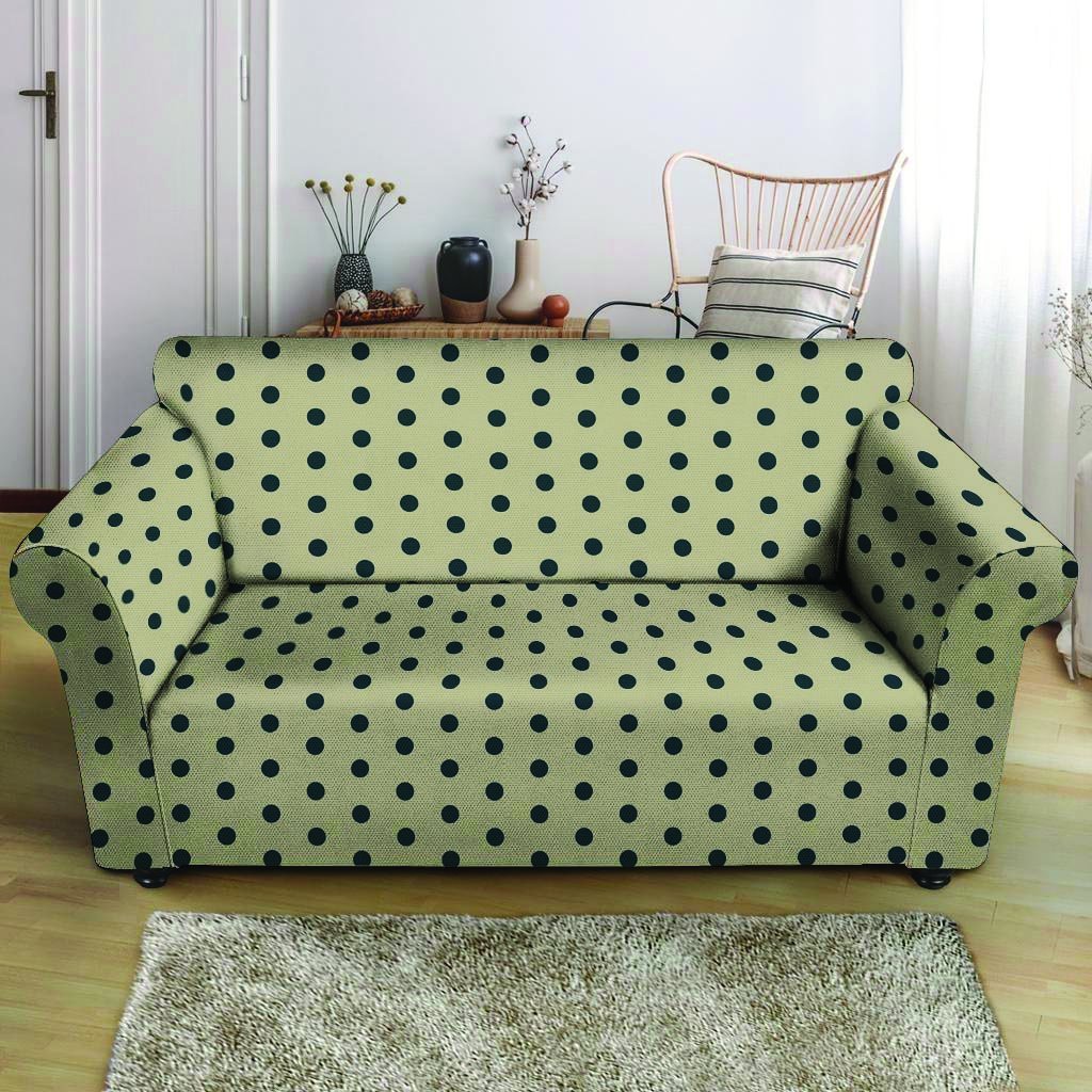 Cream And Black Polka Dot Print Loveseat Cover-grizzshop