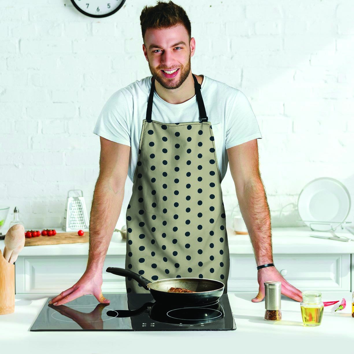 Cream And Black Polka Dot Print Men's Apron-grizzshop