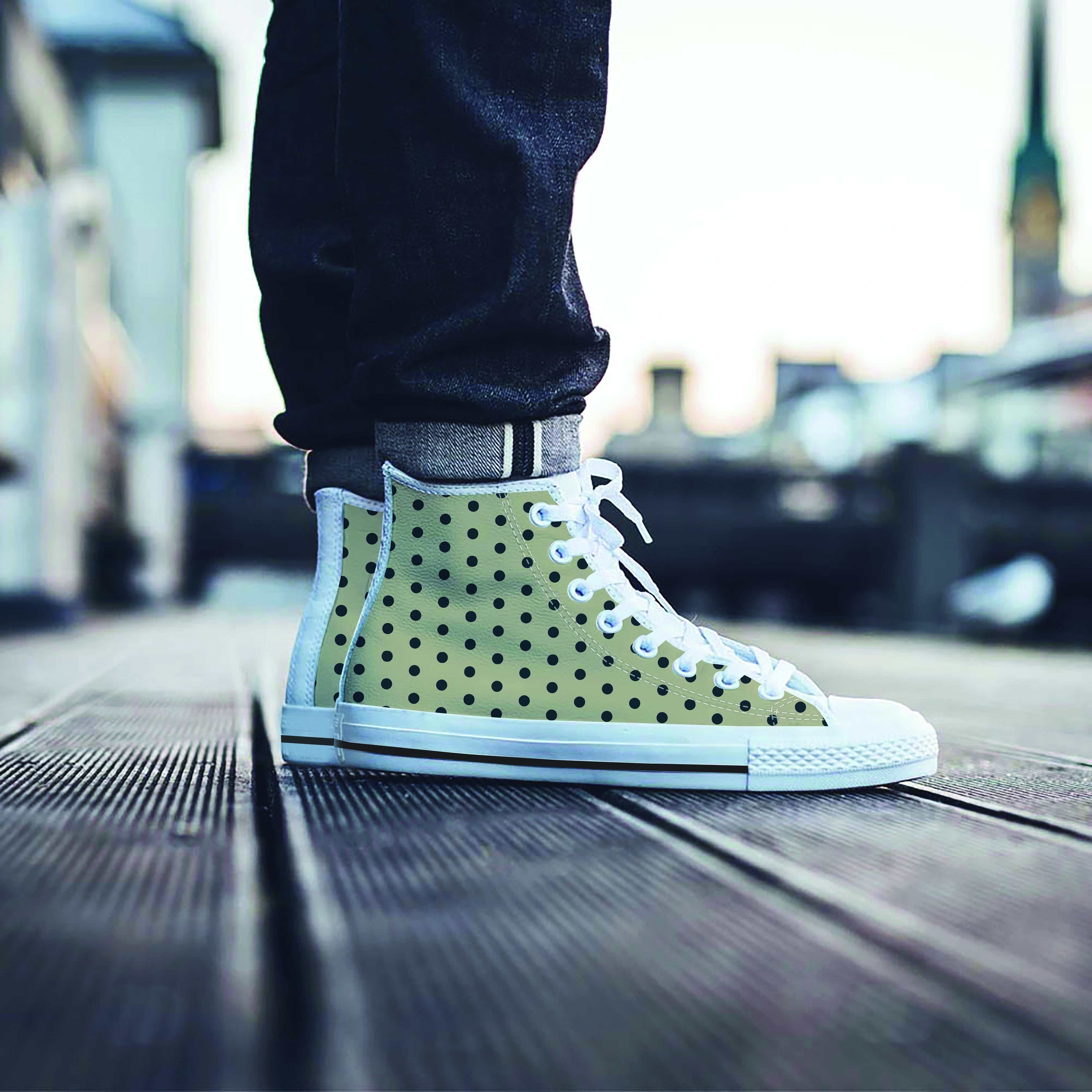 Cream And Black Polka Dot Print Men's High Top Shoes-grizzshop