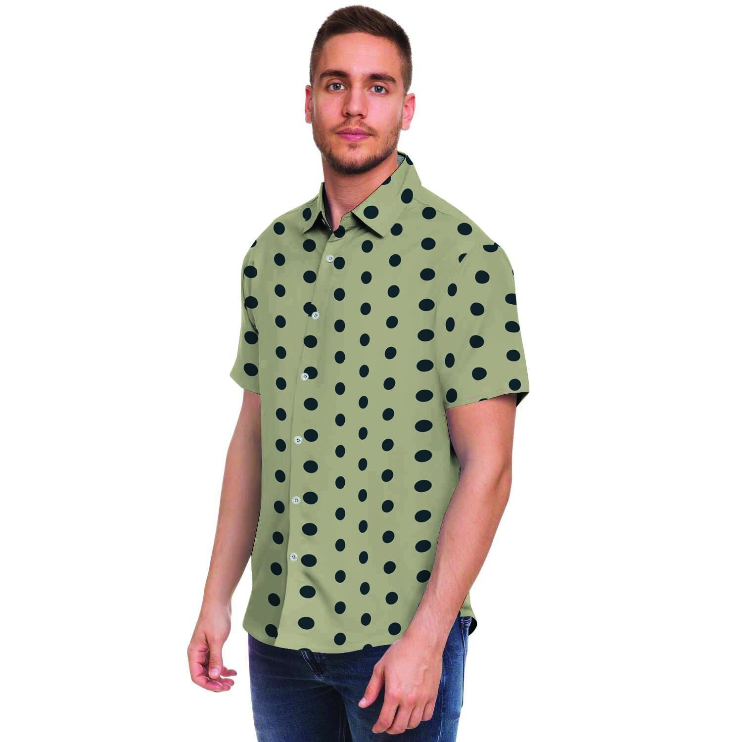 Cream And Black Polka Dot Print Men's Short Sleeve Shirt-grizzshop