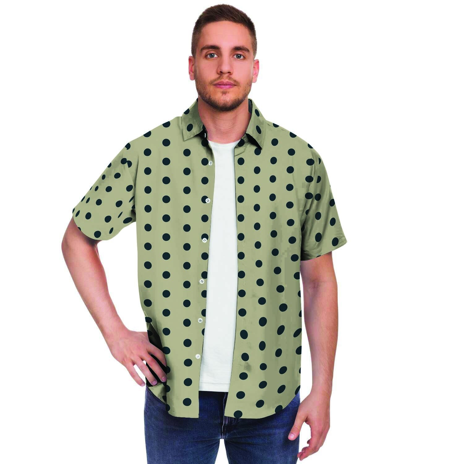 Cream And Black Polka Dot Print Men's Short Sleeve Shirt-grizzshop
