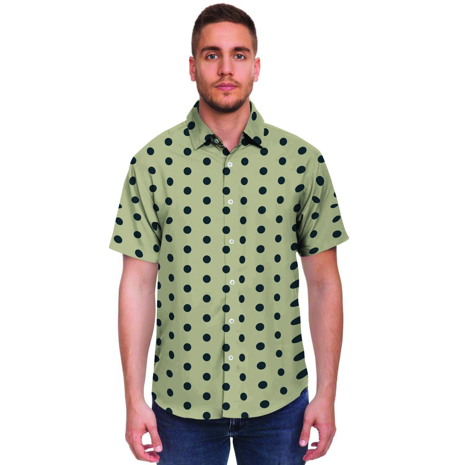 Cream And Black Polka Dot Print Men's Short Sleeve Shirt-grizzshop