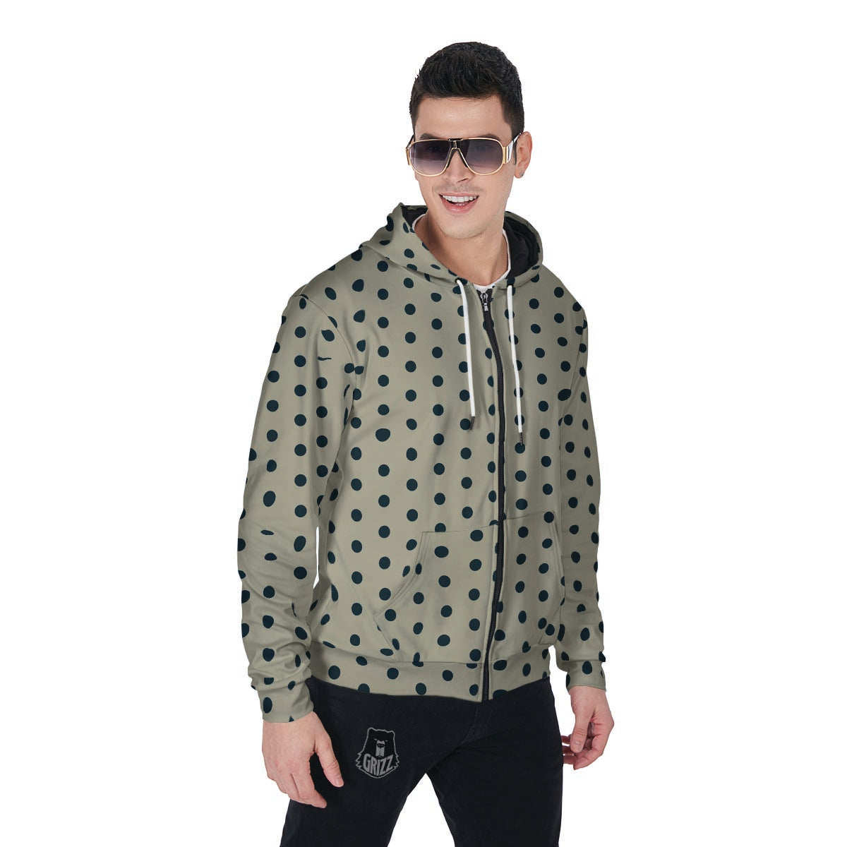 Cream And Black Polka Dot Print Men's Zip Up Hoodie-grizzshop