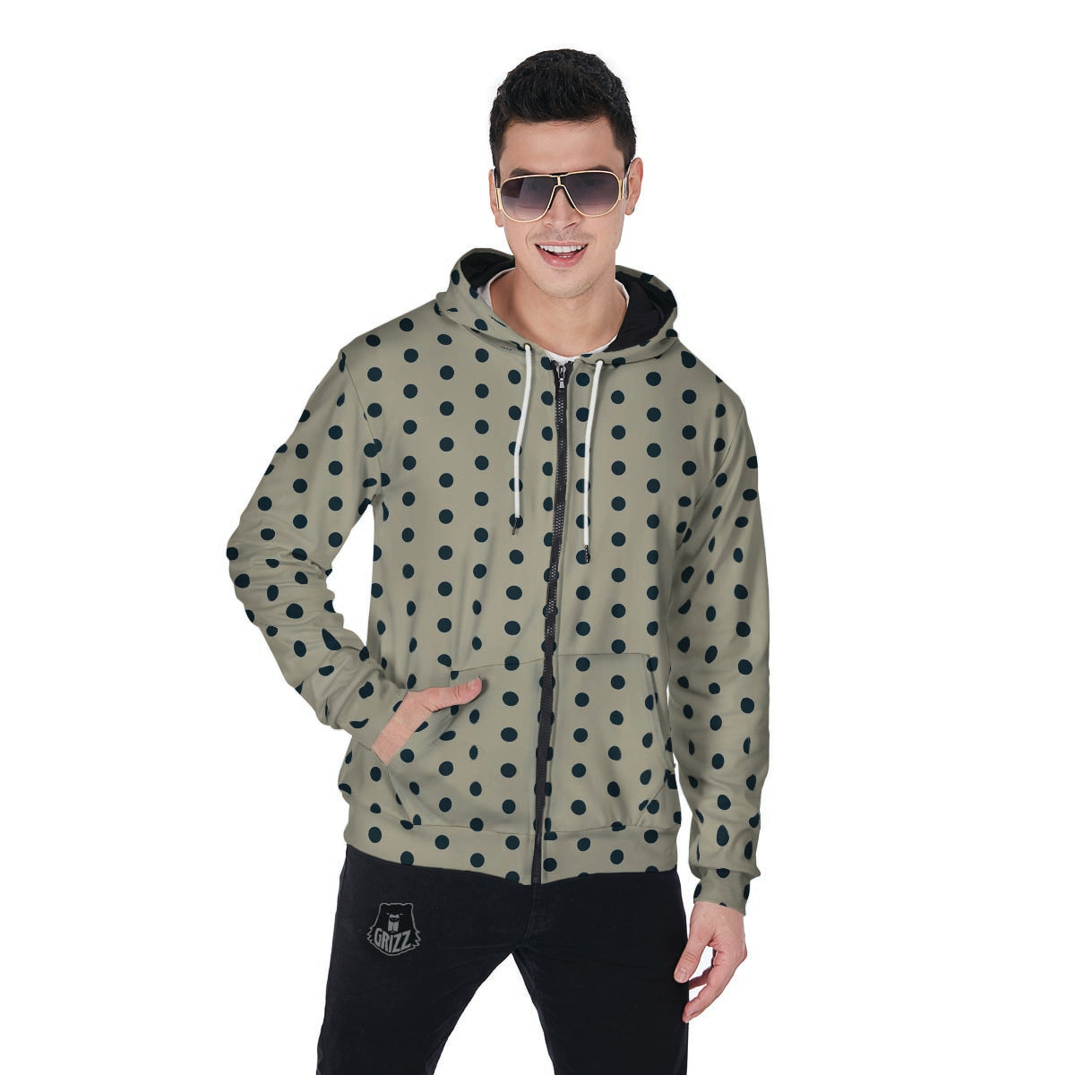 Cream And Black Polka Dot Print Men's Zip Up Hoodie-grizzshop