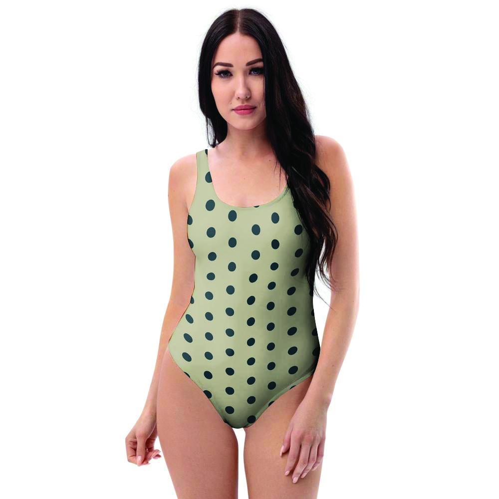 Cream And Black Polka Dot Print One Piece Swimsuite-grizzshop