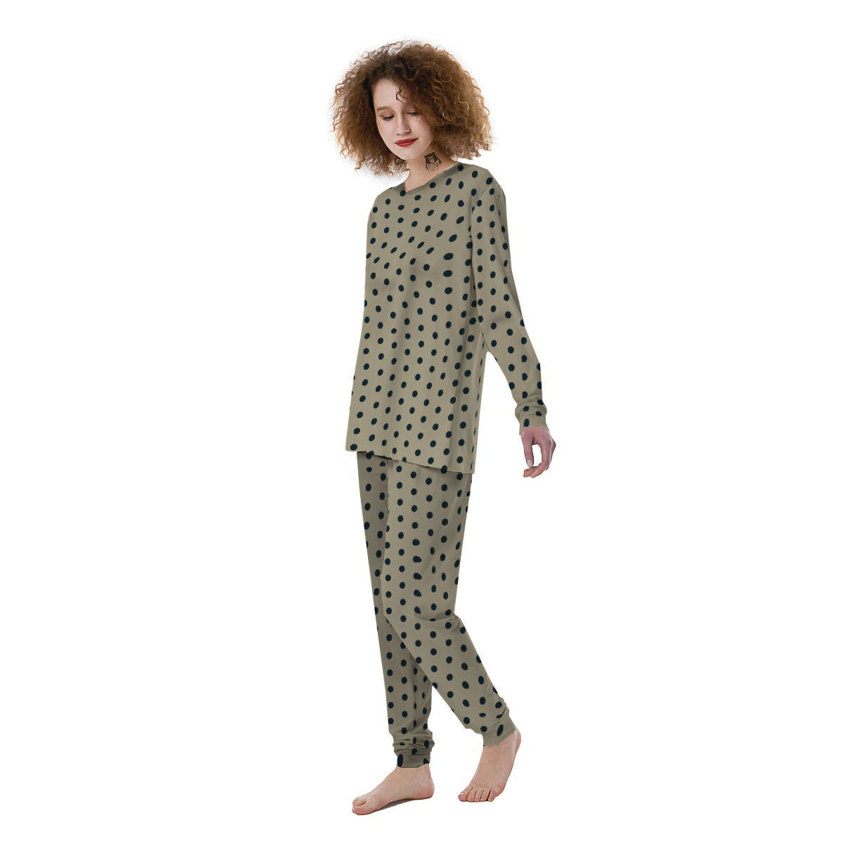 Cream And Black Polka Dot Print Women's Pajamas-grizzshop