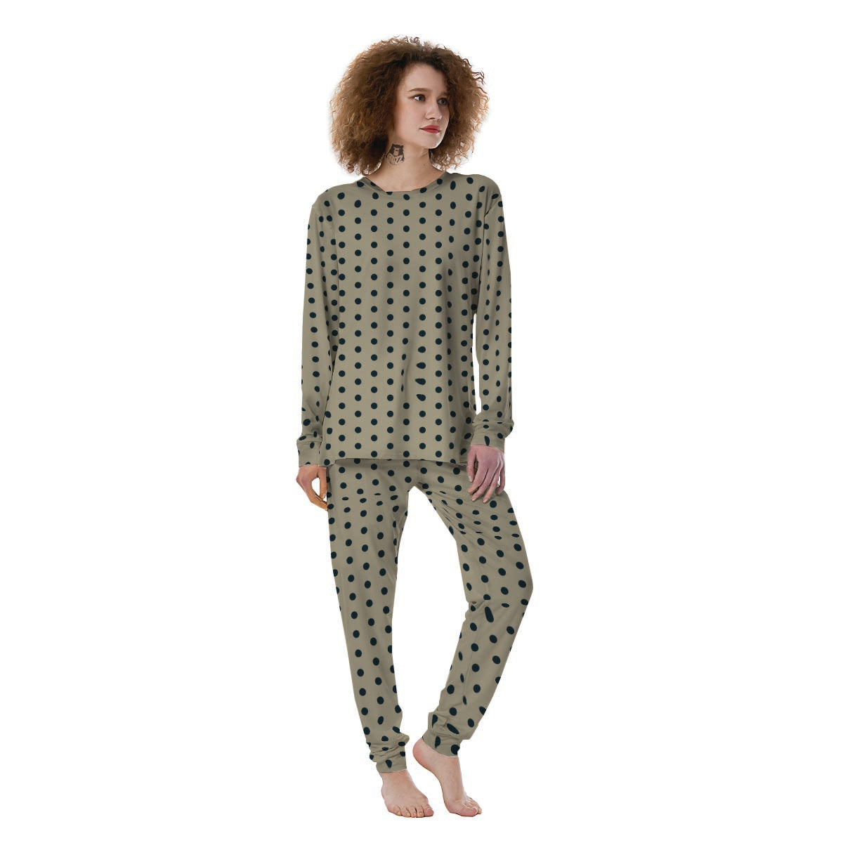 Cream And Black Polka Dot Print Women's Pajamas-grizzshop