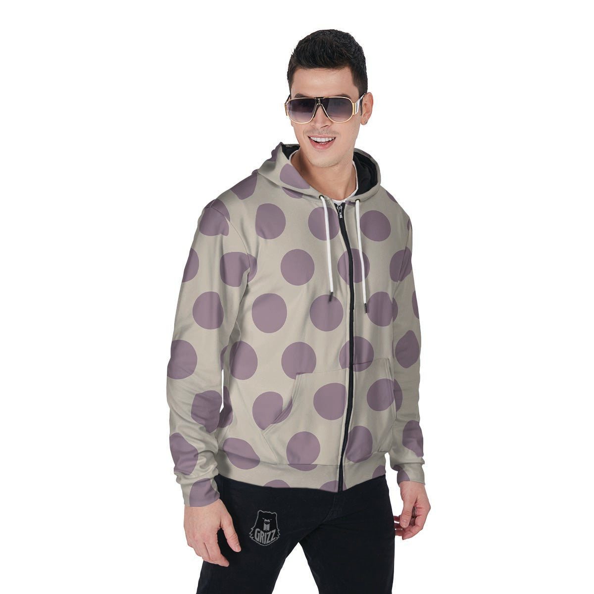 Cream And Brown Polka Dot Men's Zip Up Hoodie-grizzshop
