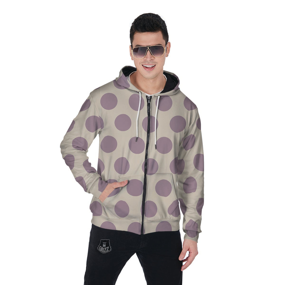 Cream And Brown Polka Dot Men's Zip Up Hoodie-grizzshop