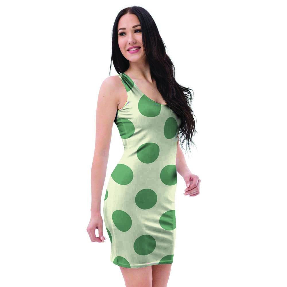 Cream And Emerald Polka Dot Bodycon Dress-grizzshop