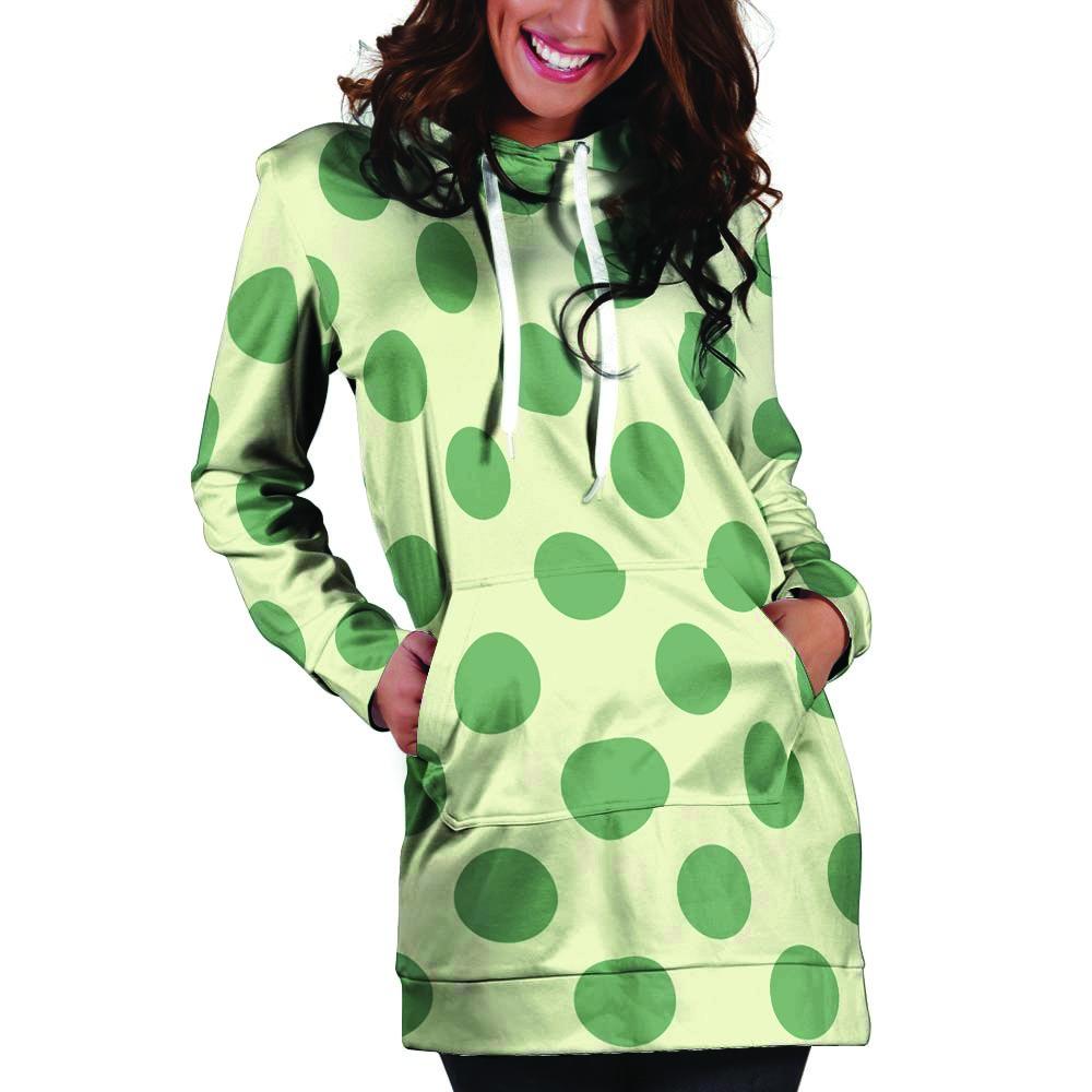 Cream And Emerald Polka Dot Hoodie Dress-grizzshop