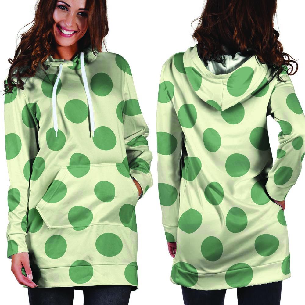 Cream And Emerald Polka Dot Hoodie Dress-grizzshop