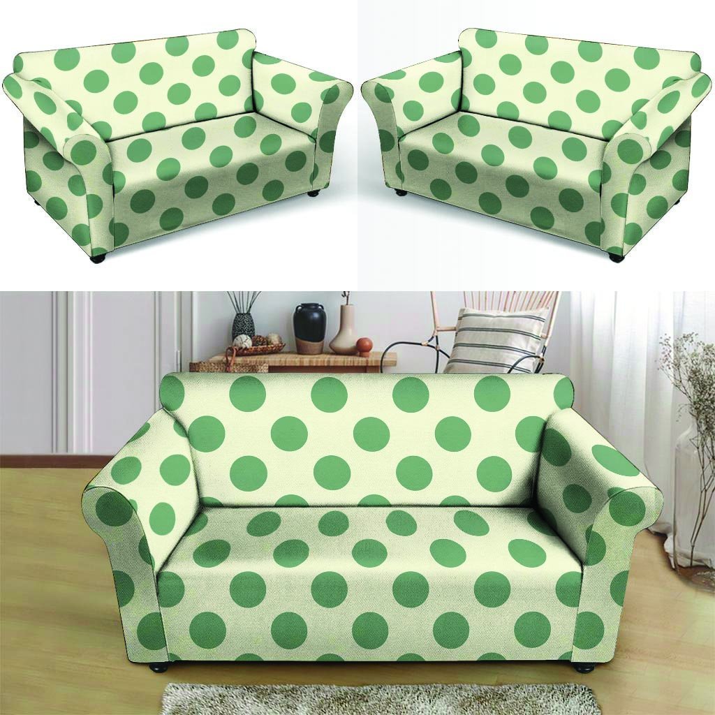 Cream And Emerald Polka Dot Loveseat Cover-grizzshop