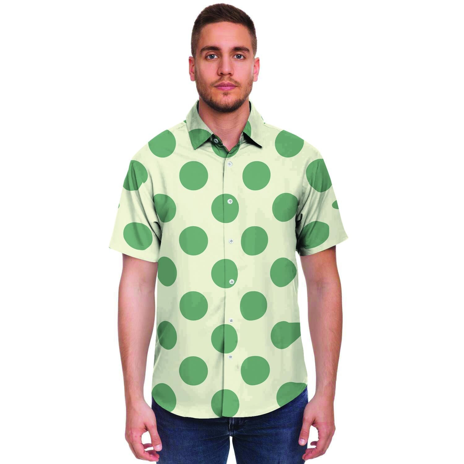 Cream And Emerald Polka Dot Men's Short Sleeve Shirt-grizzshop