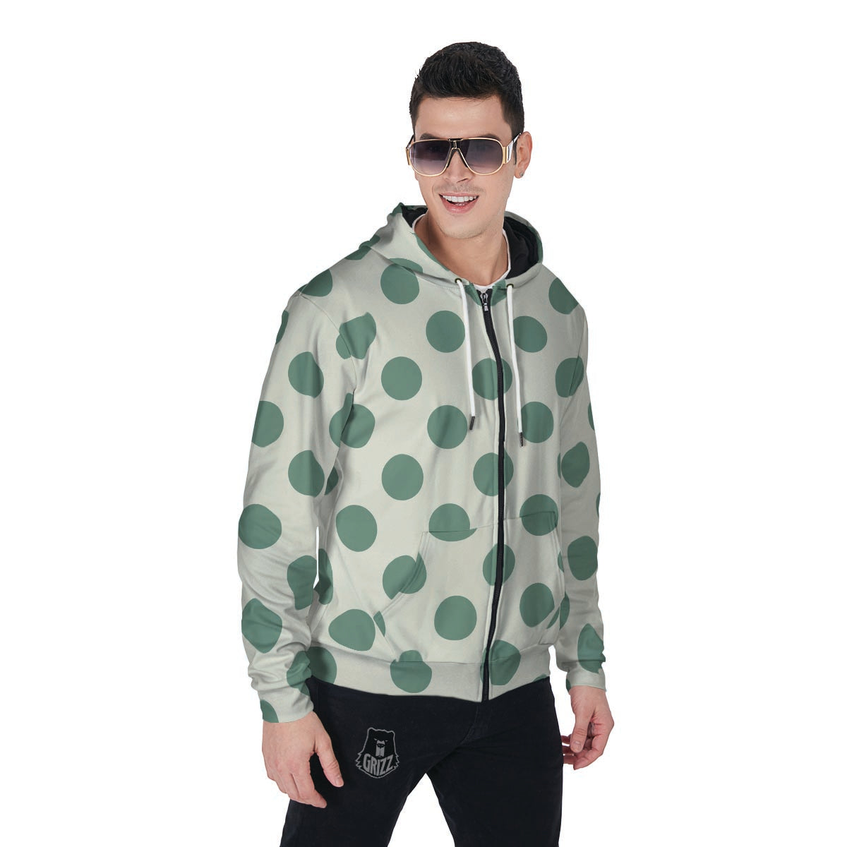Cream And Emerald Polka Dot Men's Zip Up Hoodie-grizzshop