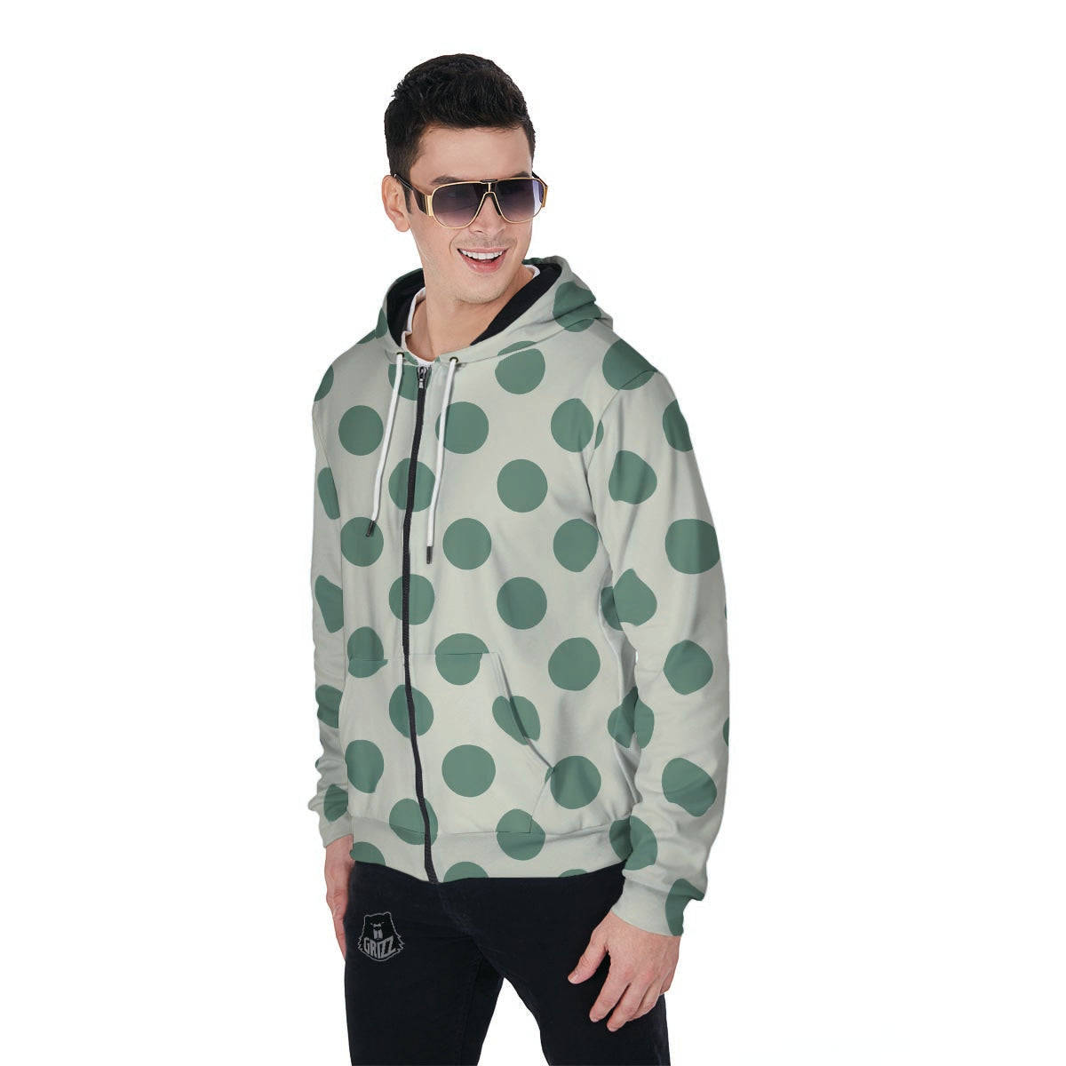 Cream And Emerald Polka Dot Men's Zip Up Hoodie-grizzshop