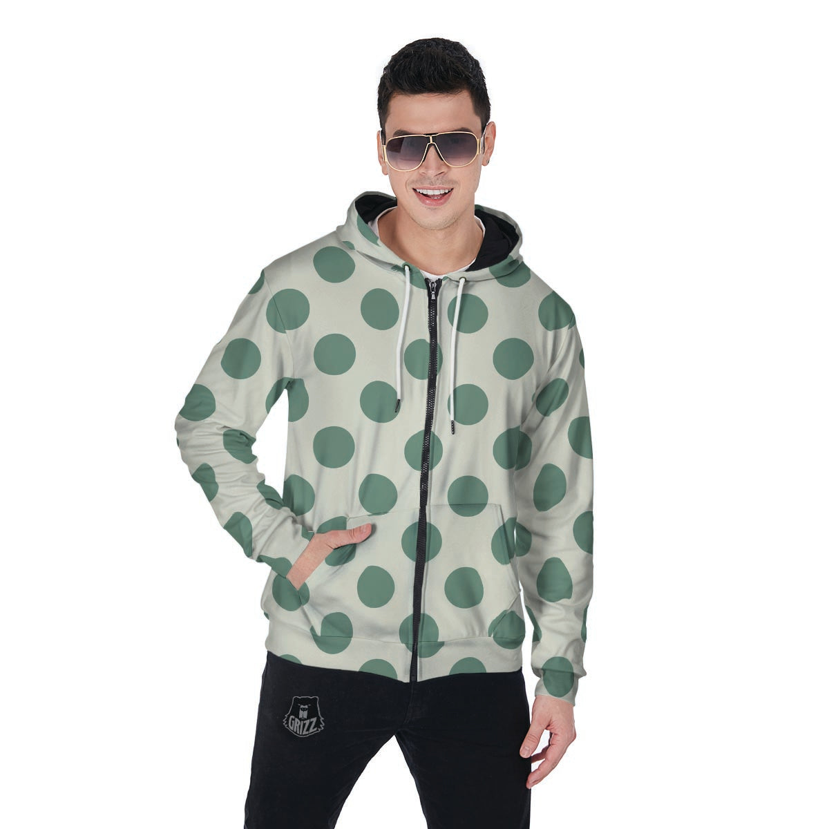 Cream And Emerald Polka Dot Men's Zip Up Hoodie-grizzshop