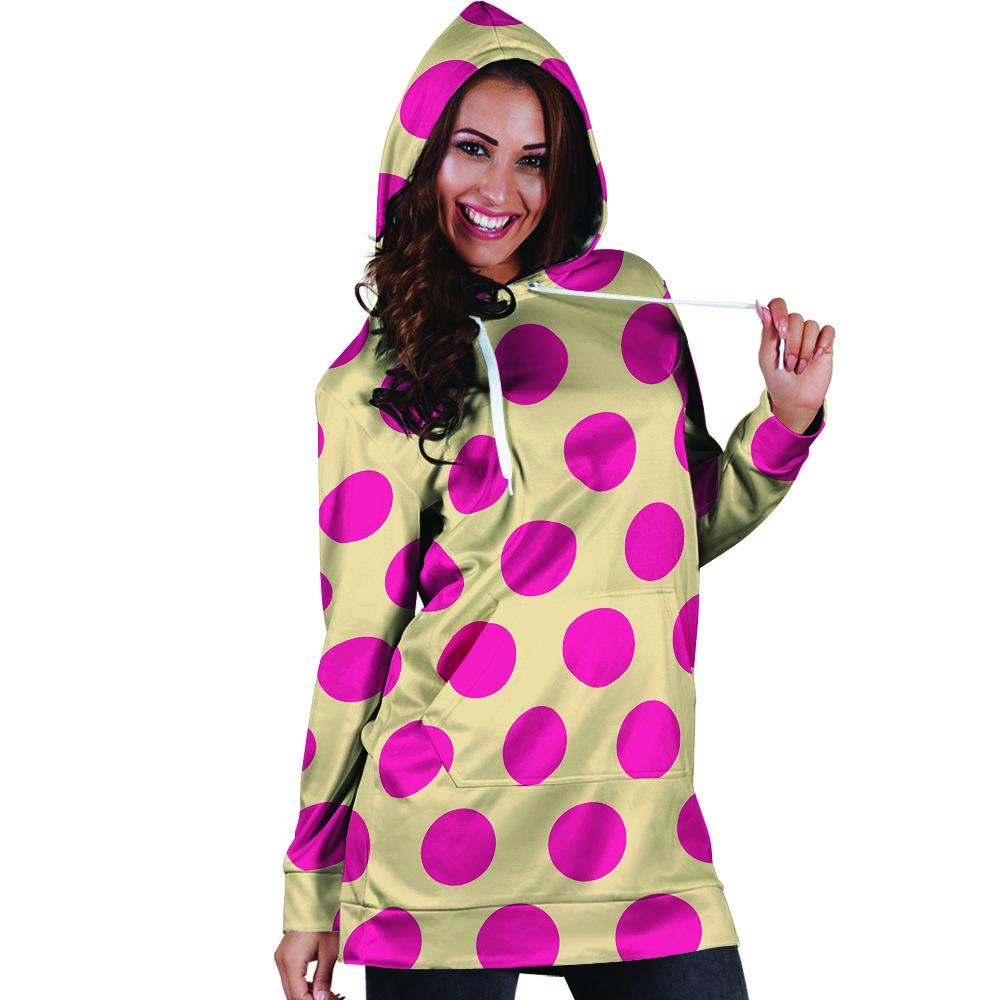 Cream And Pink Polka Dot Hoodie Dress-grizzshop