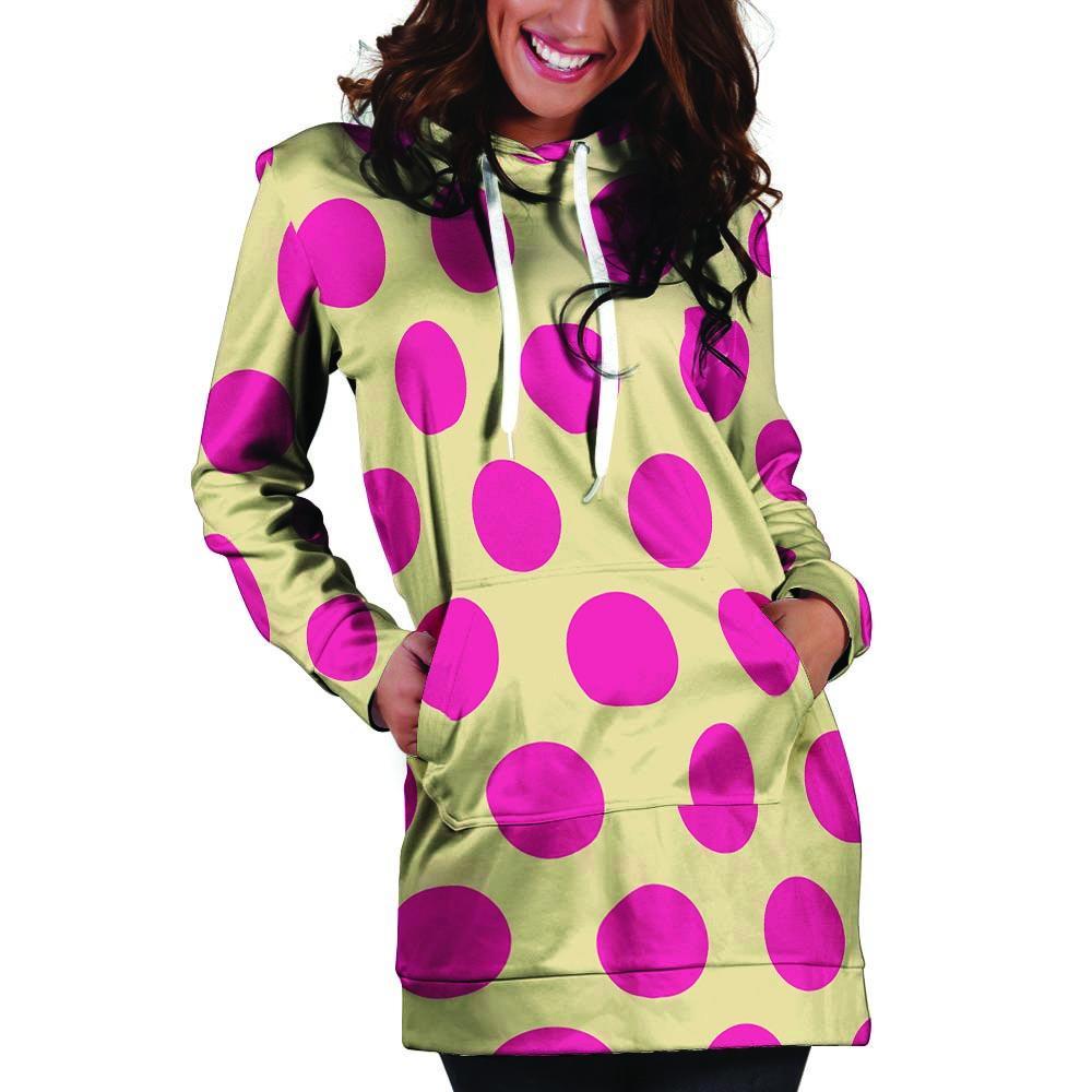 Cream And Pink Polka Dot Hoodie Dress-grizzshop