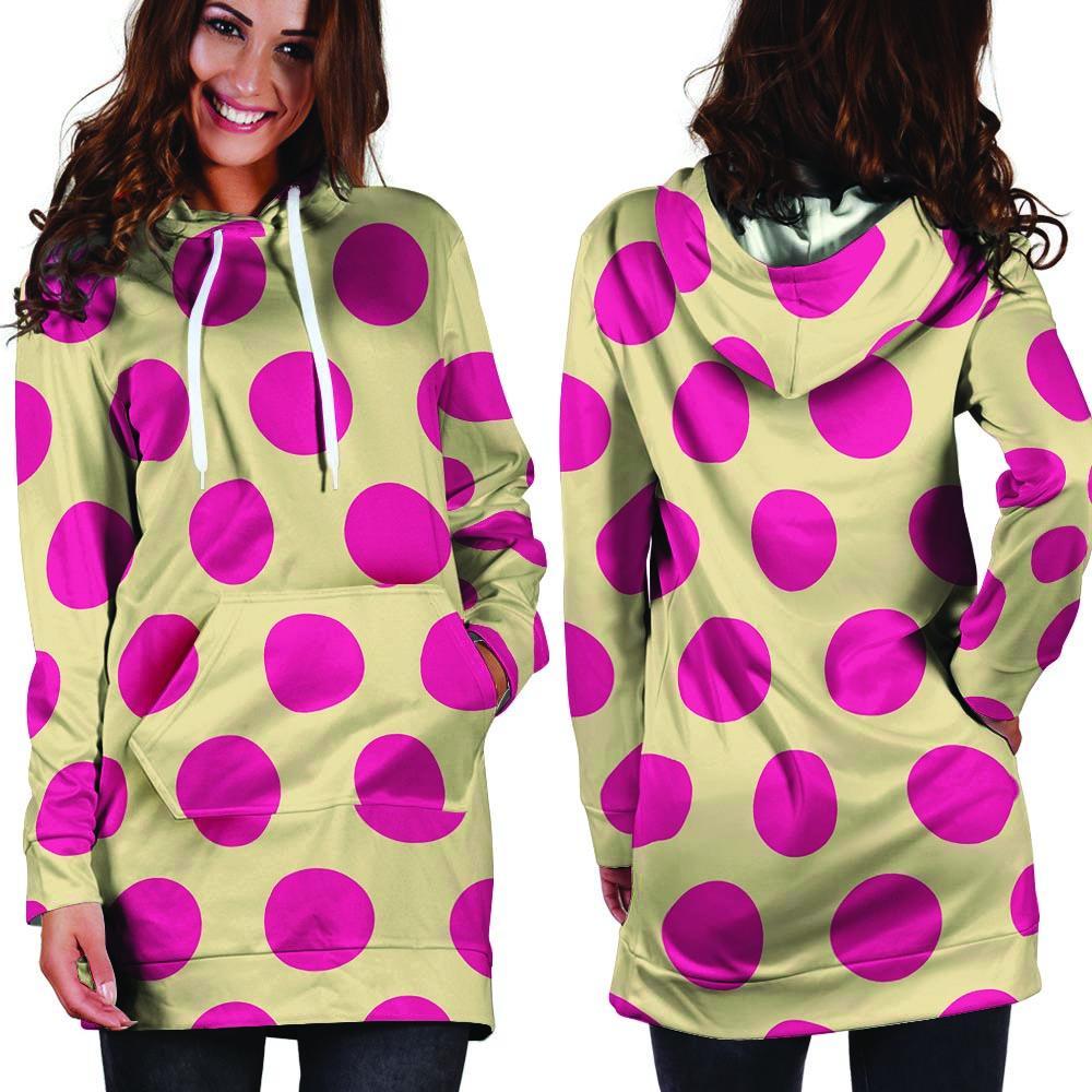 Cream And Pink Polka Dot Hoodie Dress-grizzshop