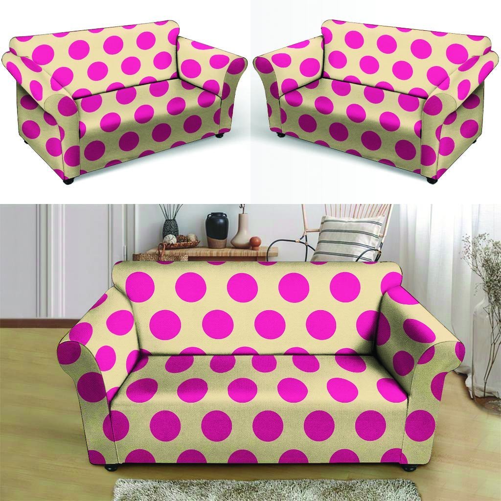 Cream And Pink Polka Dot Loveseat Cover-grizzshop