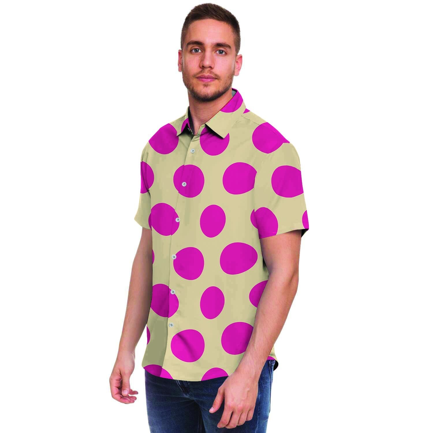 Cream And Pink Polka Dot Men's Short Sleeve Shirt-grizzshop