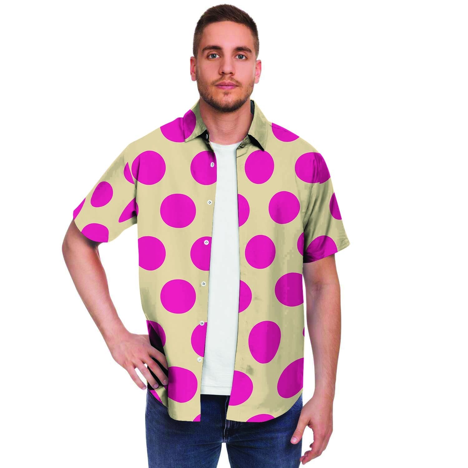 Cream And Pink Polka Dot Men's Short Sleeve Shirt-grizzshop