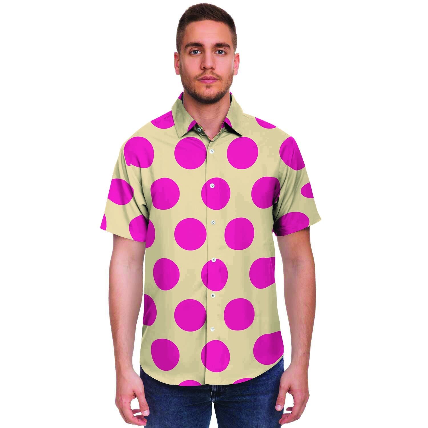 Cream And Pink Polka Dot Men's Short Sleeve Shirt-grizzshop