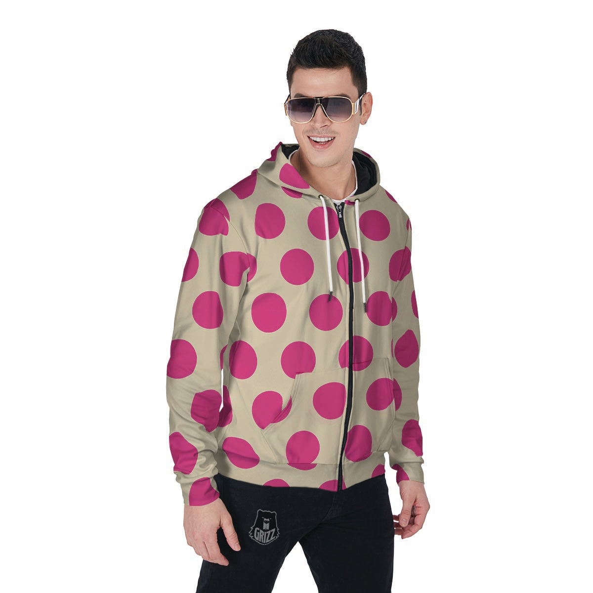 Cream And Pink Polka Dot Men's Zip Up Hoodie-grizzshop