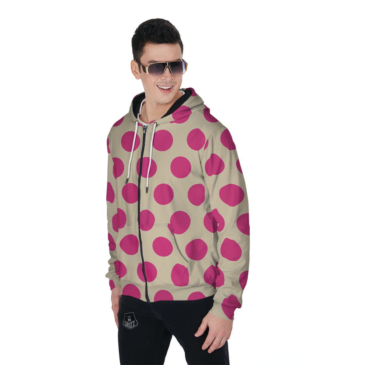 Cream And Pink Polka Dot Men's Zip Up Hoodie-grizzshop