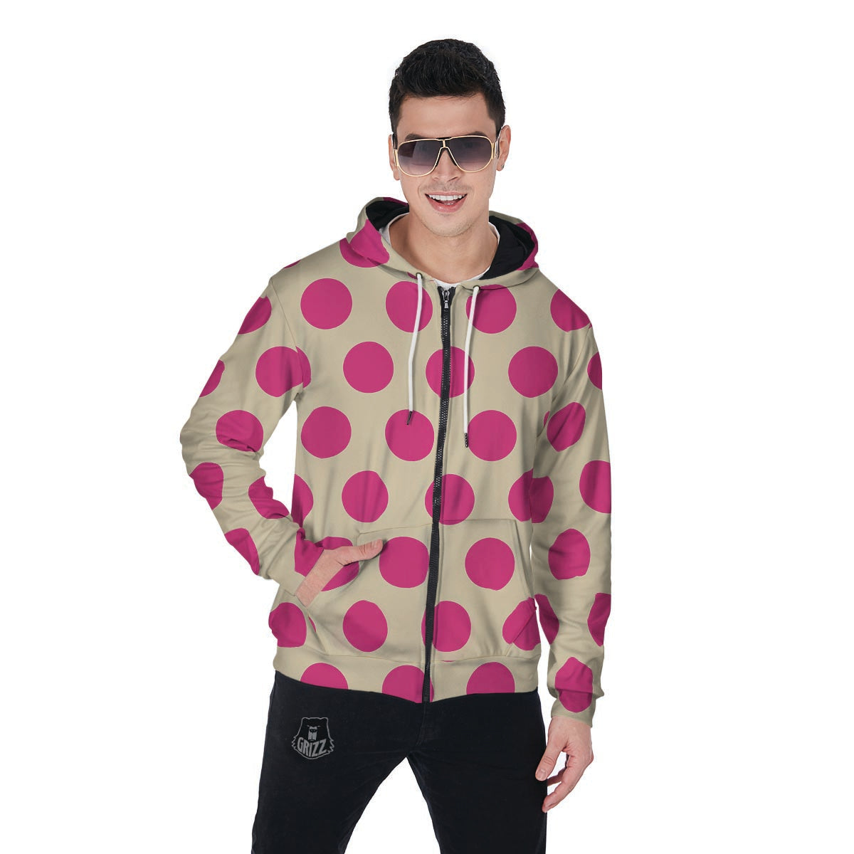Cream And Pink Polka Dot Men's Zip Up Hoodie-grizzshop