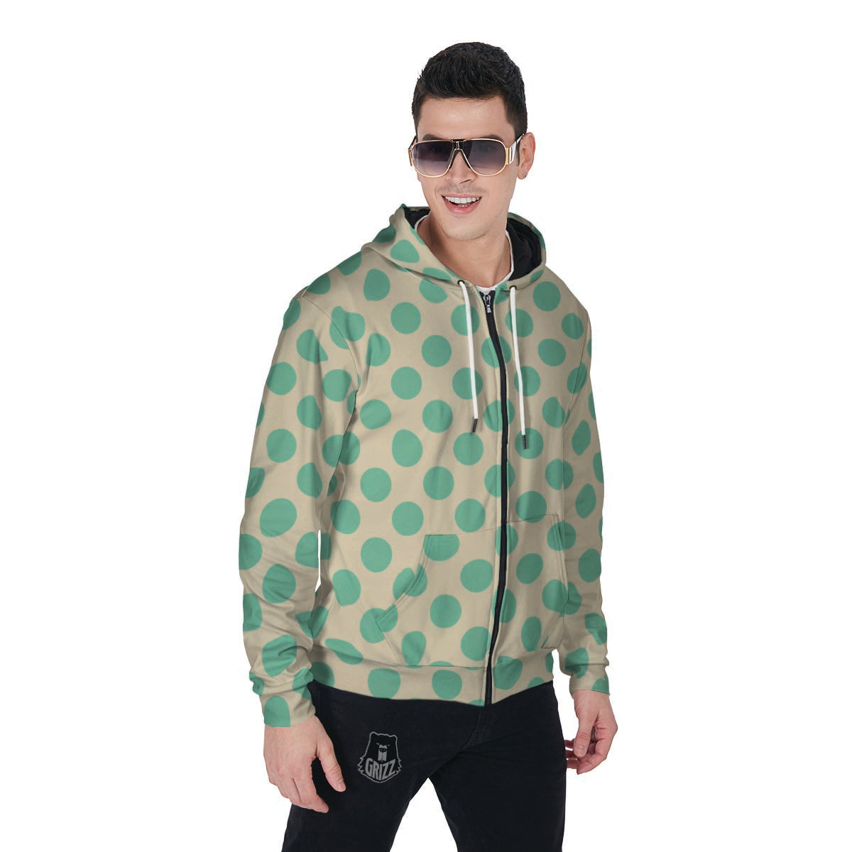 Cream And Teal Polka Dot Men's Zip Up Hoodie-grizzshop