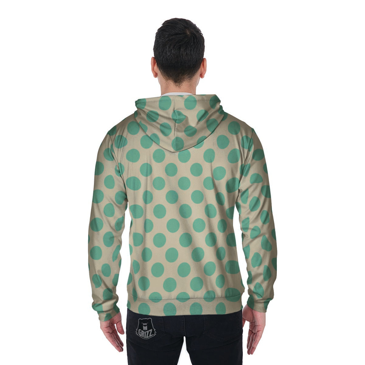Cream And Teal Polka Dot Men's Zip Up Hoodie-grizzshop