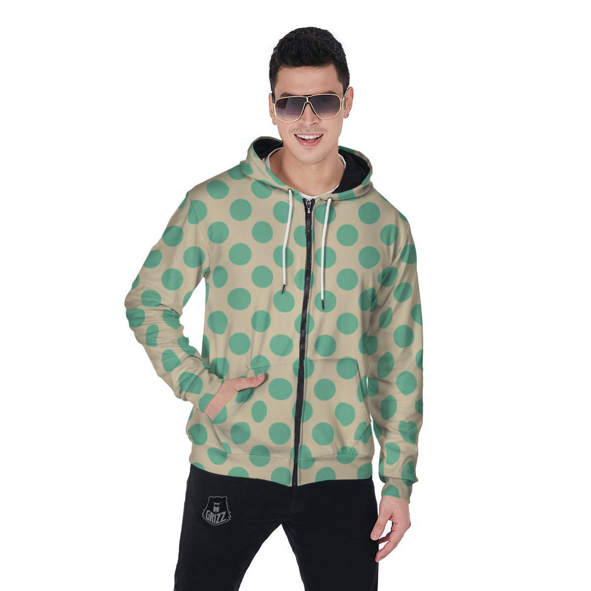Cream And Teal Polka Dot Men's Zip Up Hoodie-grizzshop