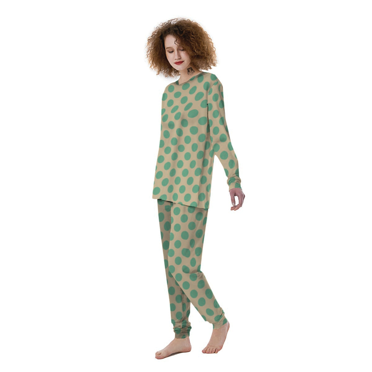 Cream And Teal Polka Dot Women's Pajamas-grizzshop