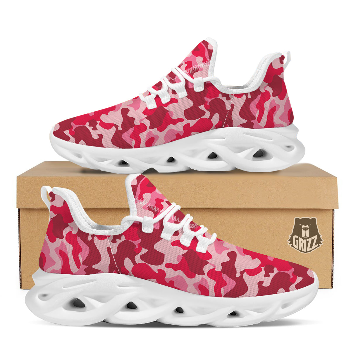 Crimson Camo And Camouflage Print White Running Shoes-grizzshop