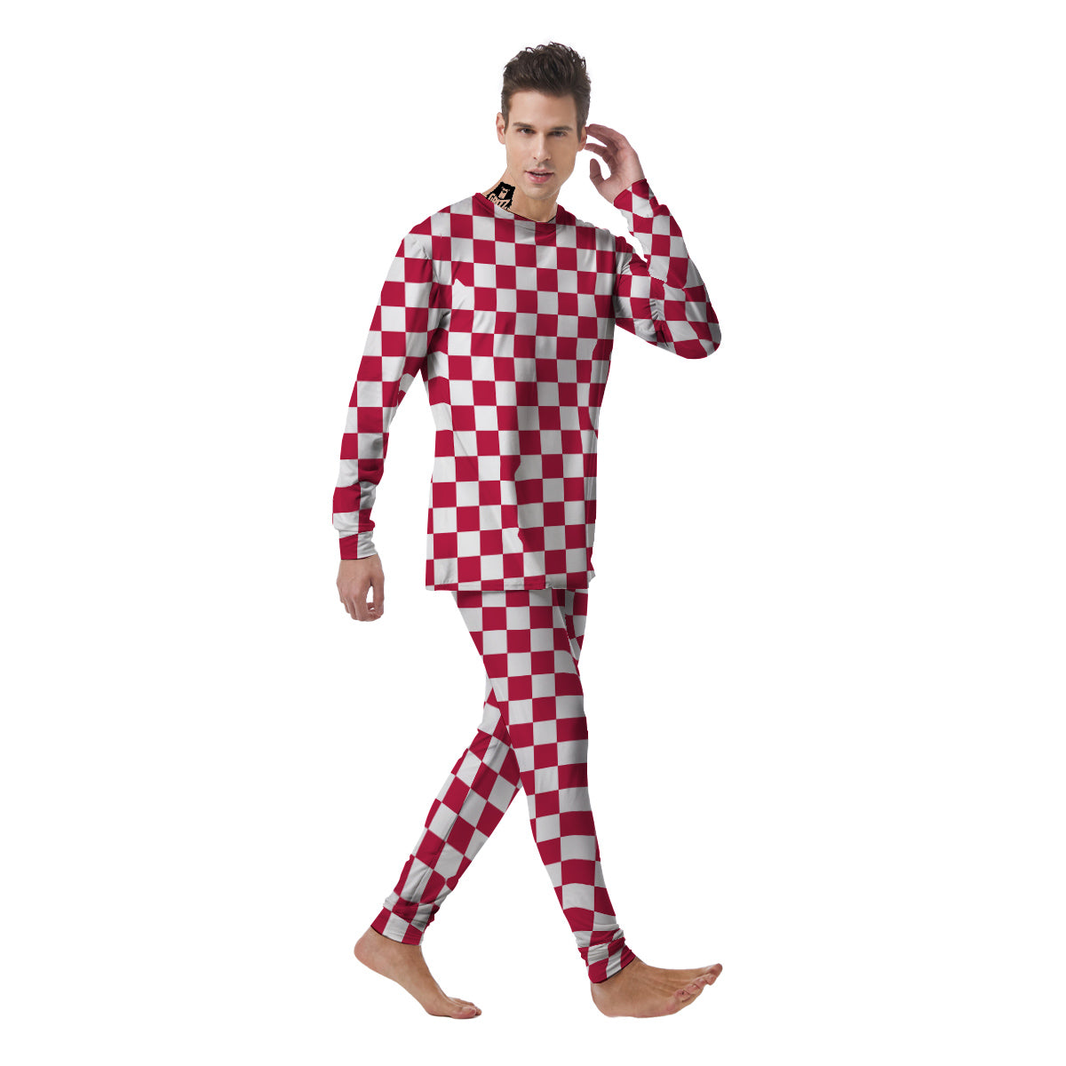 Crimson Checkered Flag Print Men's Pajamas-grizzshop